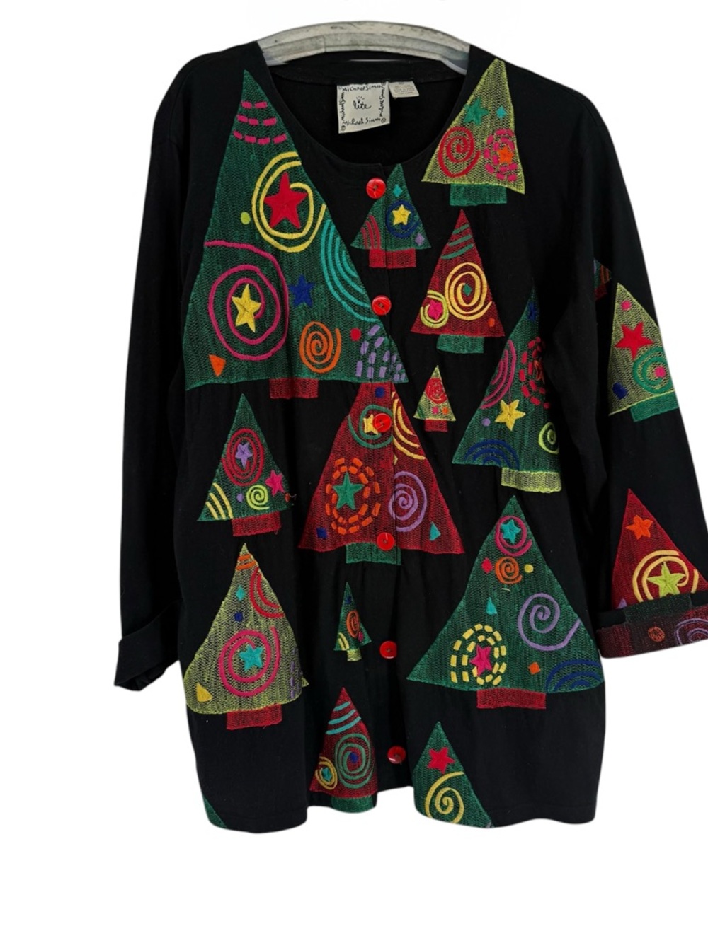 Vintage Michael Simon Lite Christmas Trees Black Cardigan Sweater Jacket Size XL